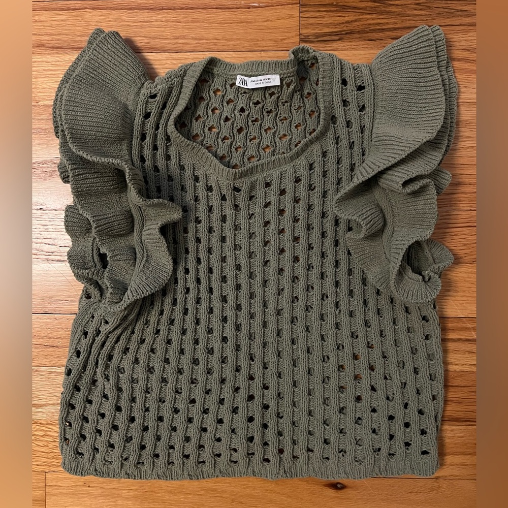 Zara Olive Green Crotchet Ruffle Sleeve Top
